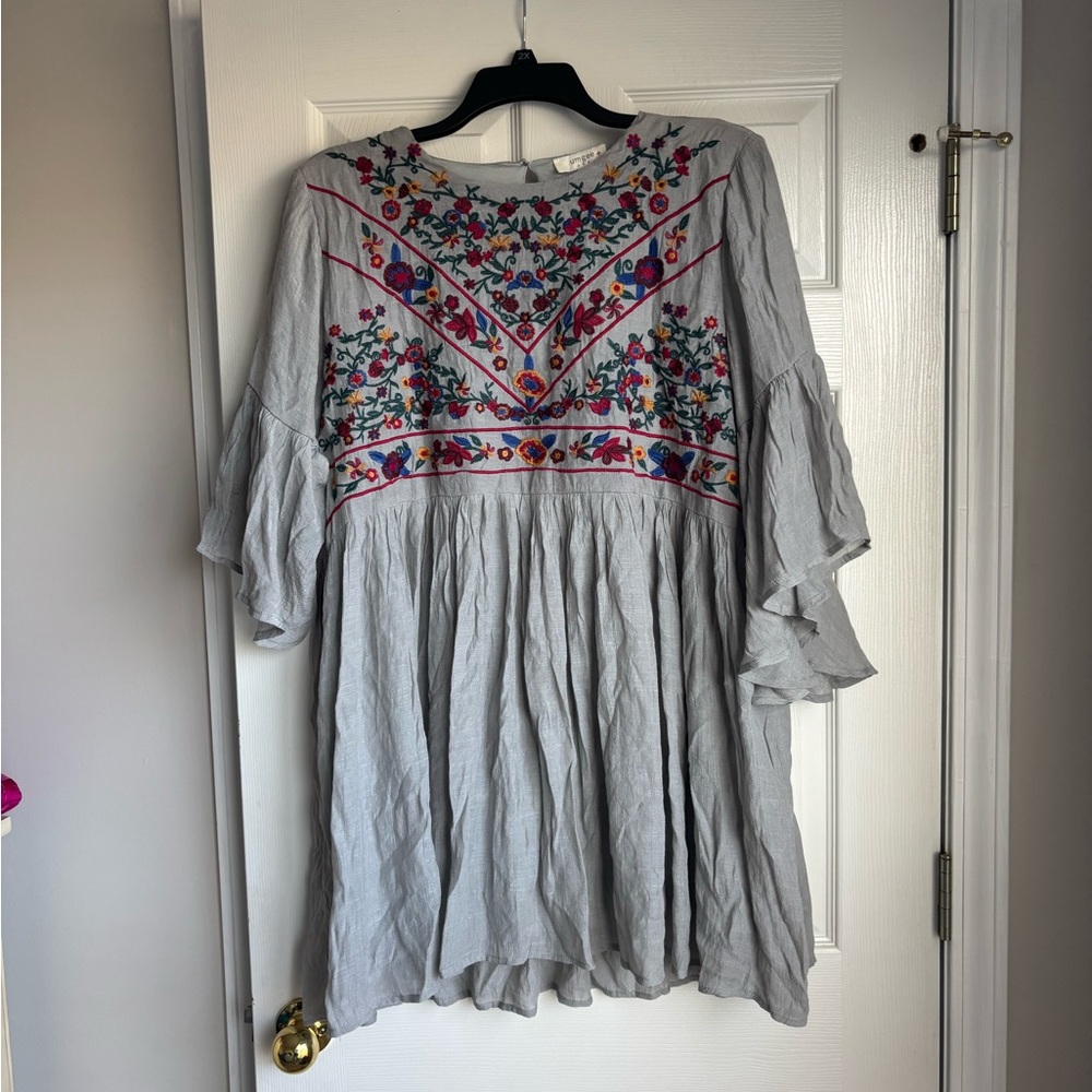 Umgee Gray Long Sleeve Dress with Floral Embroidery
